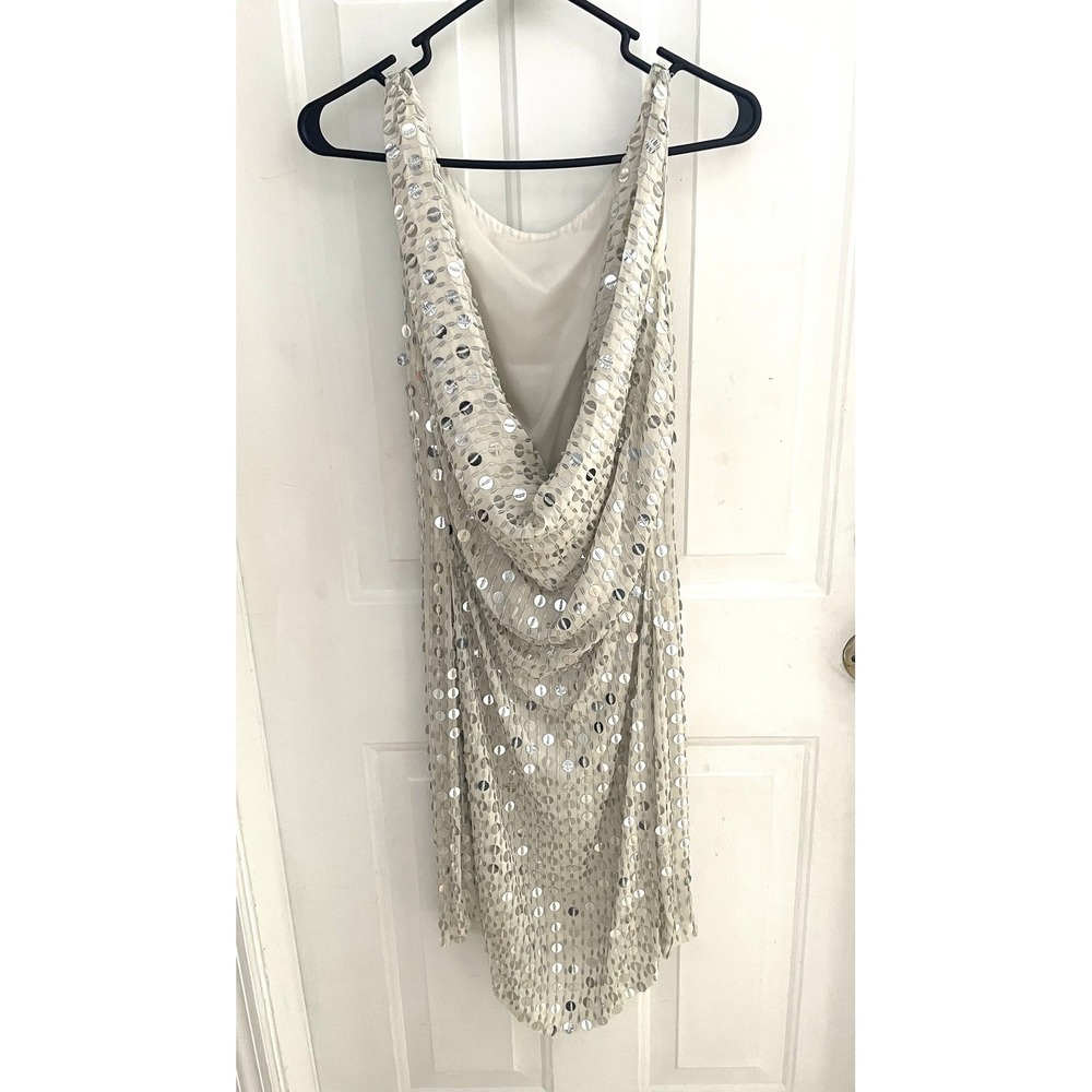 Alexia Admor New York Silver Sequin Beaded Cowl‎ Neck Cocktail Dress Cream Small